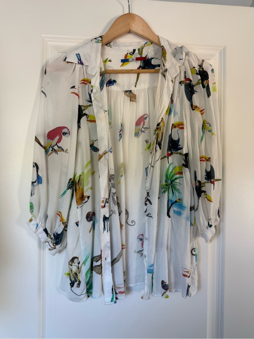 Tropical Bird Print Sheer Blouse - White